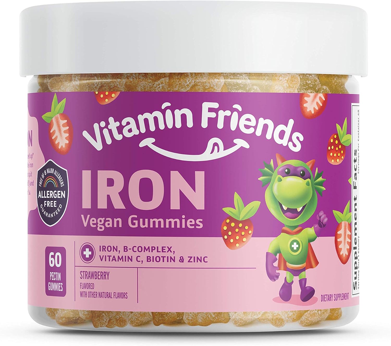 Vitamin Friends - Vegan Multivitamin Iron for Kids - Daily Nutritional Support Gummies w/Ferrous Fumarate B-Complex, Vitamin C, Zinc, Biotin - Body Function Anemia - Strawberry, (60 Day Supply)