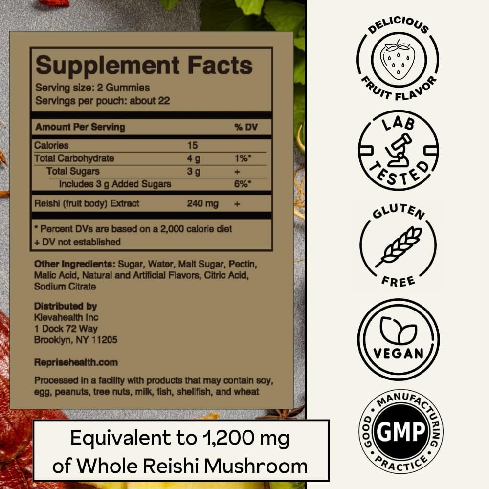Reishi Mushroom Gummies - Adaptogenic Red Reishi Mushroom Supplement (Lingzhi, Ganoderma Lucidum) - All-Natural Immune Defense Support - Herbal Functional Mushroom Extract, Strawberry Flavor, 45 Count