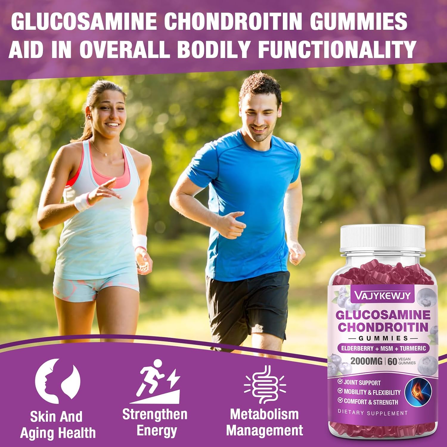 Sugar Free 2000mg Glucosamine Chondroitin Gummies, Extra Strength Glucosamine with Chondroitin MSM Turmeric, Joint Support Supplement, Antioxidant Immune Support - 60 Gummies