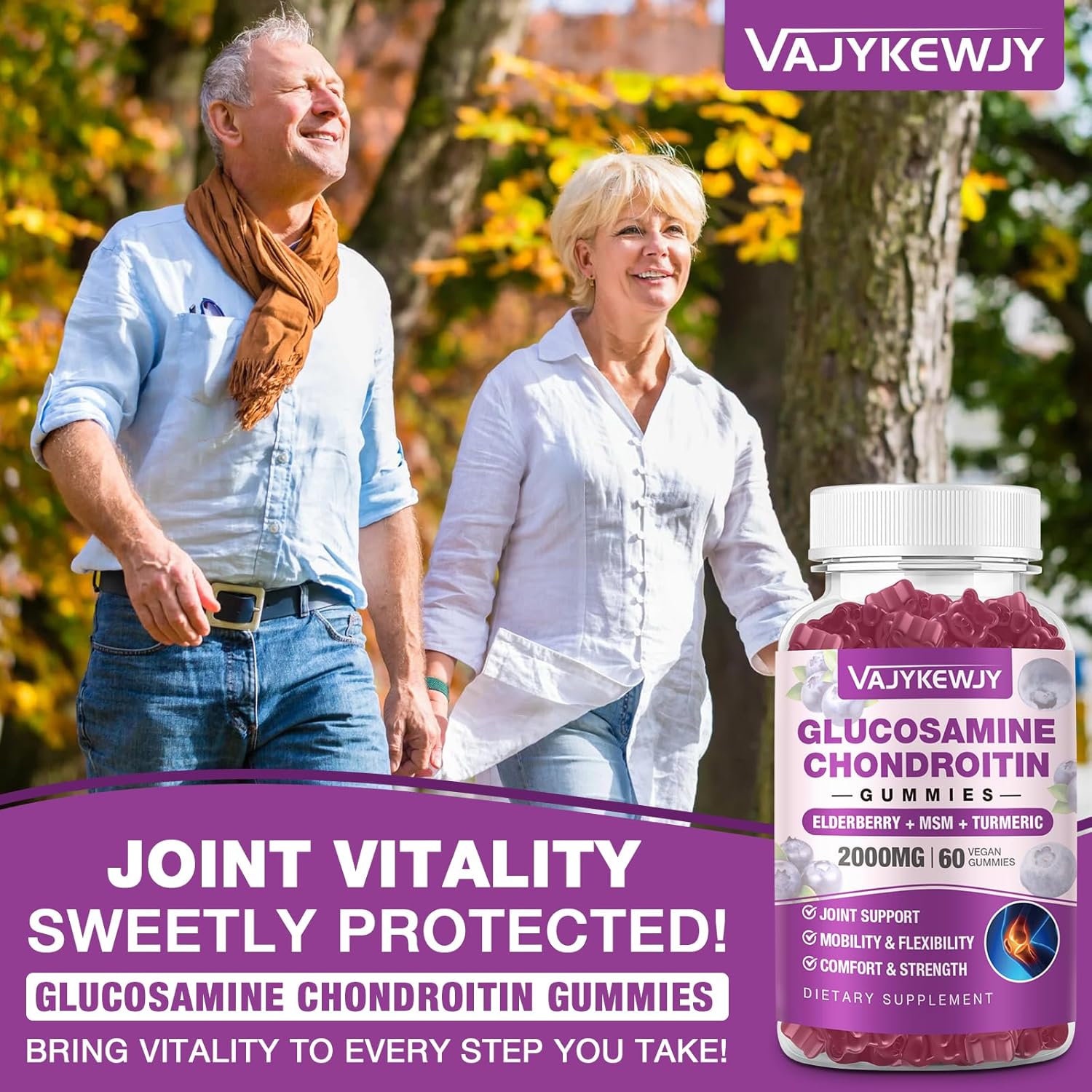 Sugar Free 2000mg Glucosamine Chondroitin Gummies, Extra Strength Glucosamine with Chondroitin MSM Turmeric, Joint Support Supplement, Antioxidant Immune Support - 60 Gummies