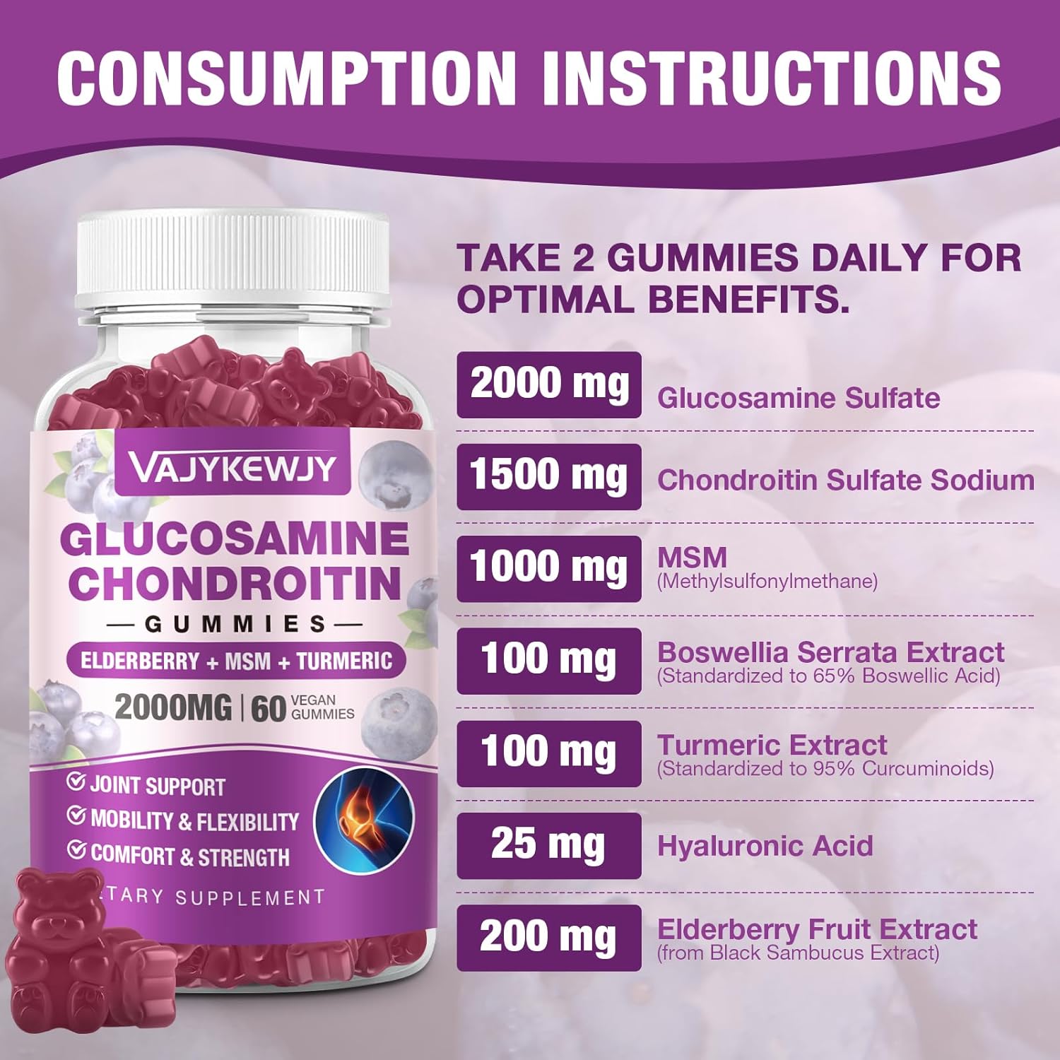 Sugar Free 2000mg Glucosamine Chondroitin Gummies, Extra Strength Glucosamine with Chondroitin MSM Turmeric, Joint Support Supplement, Antioxidant Immune Support - 60 Gummies