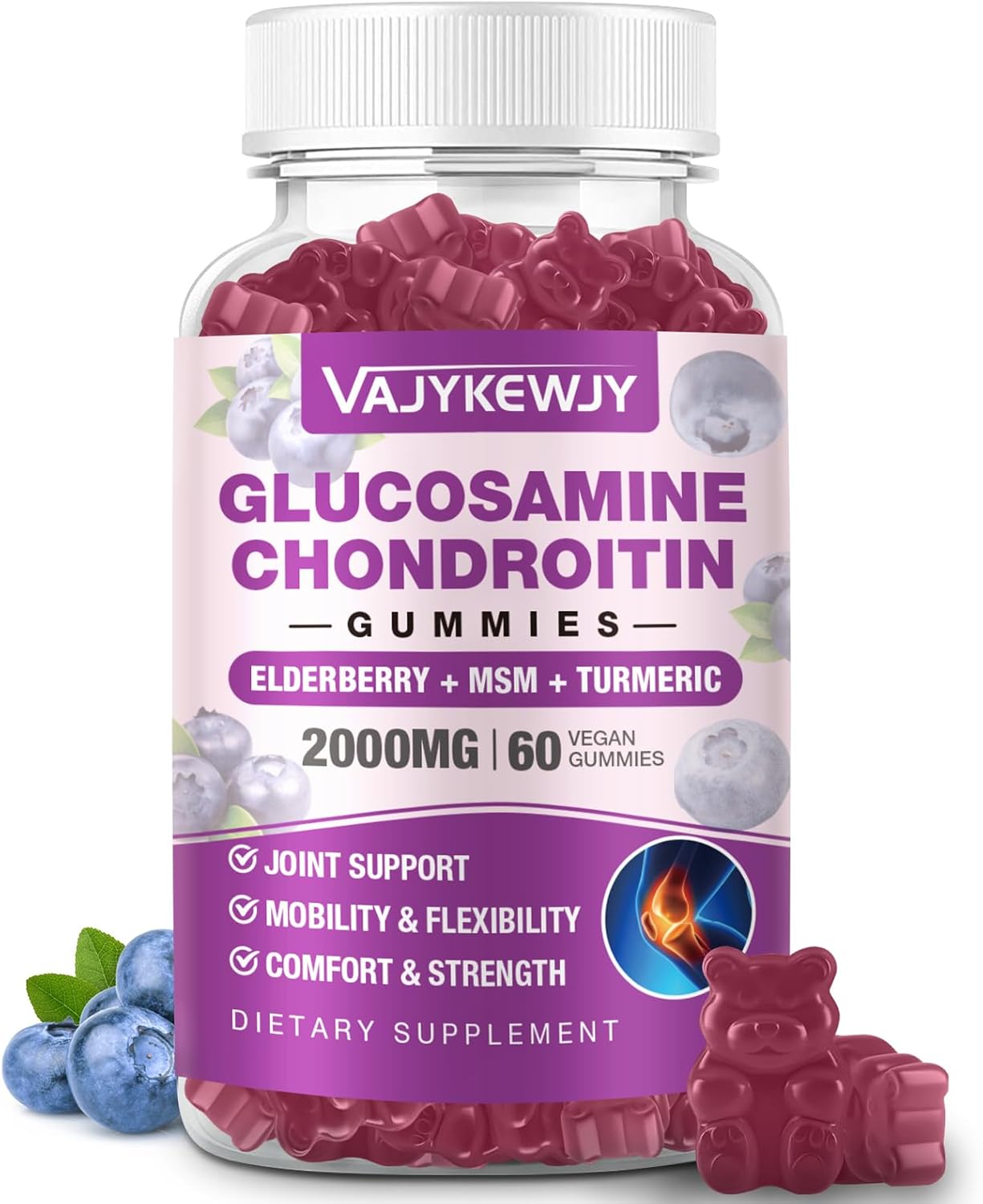 Sugar Free 2000mg Glucosamine Chondroitin Gummies, Extra Strength Glucosamine with Chondroitin MSM Turmeric, Joint Support Supplement, Antioxidant Immune Support - 60 Gummies