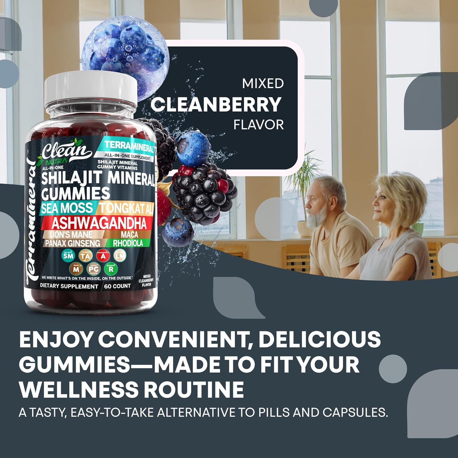 Terramineral Shilajit Gummies with Irish Sea Moss Tongkat Ali Ashwagandha Lions Mane MACA Panax Ginseng Rhodiola Cordyceps by Clean Nutra (1)
